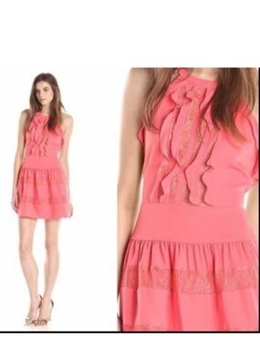BCBGMaxAzria Coral Ruffle Mini Dress Size M Feminine Lace Detail Party Cocktail
